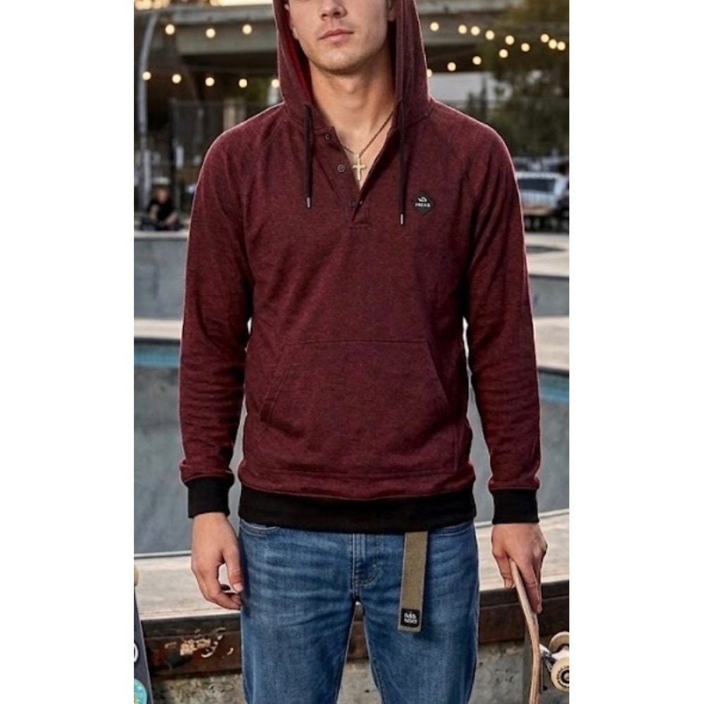 RVCA Mens Henley Hoodie Burgundy Heather‎ Raglan Pullover Sweatshirt Medium